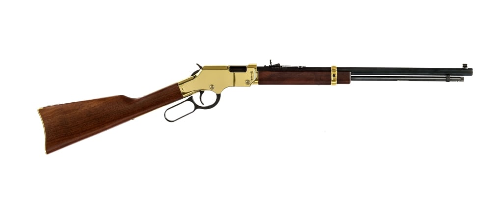 Henry H004M Golden Boy .22 Cal Lever Action Rifle: Henry Model H004M Holden Boy chambered in .22 short, long, and long rifle with a varied capacity tube magazine and a 20" octagonal barrel. Adjustable rear buckhorn sight and fixed front blade. Blued b