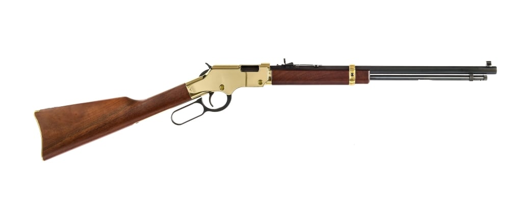 Henry Golden Boy .17 HMR Lever Action Rifle: Henry Golden Boy H004V chambered in .17 HMR with an eleven round magazine tube and a 20" octagonal barrel. Adjustable rear buckhorn sight and fixed front blade. Blued barrel, magazine tube, hammer, le