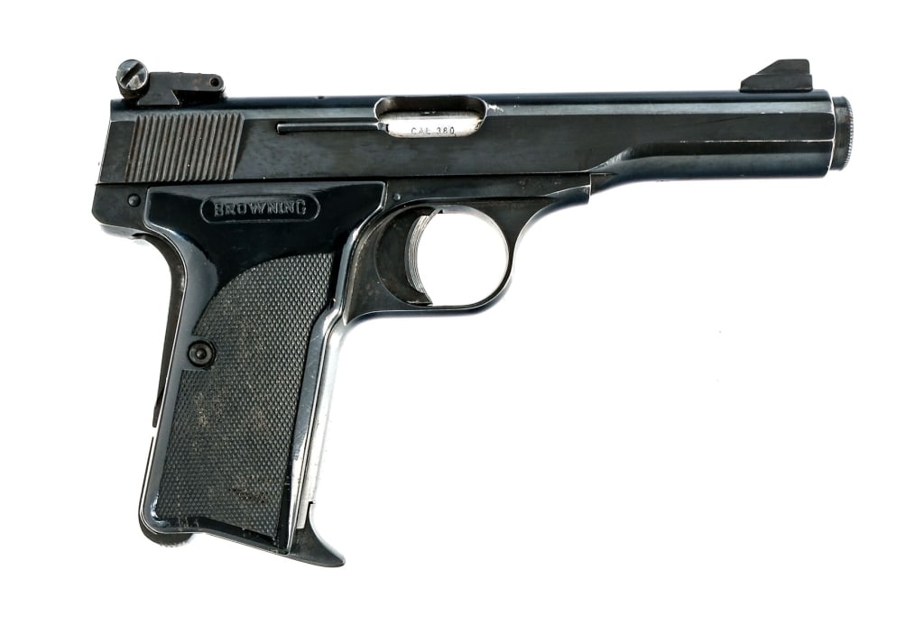 Browning 10/71 .380 ACP Semi Auto Pistol: Belgian Browning model 10/71 chambered in .380 ACP with one, six round magazine and a 4.5" barrel. Manufactured between 1971 and 1974. Blued steel frame with checkered polymer grips. Heel magazine rel