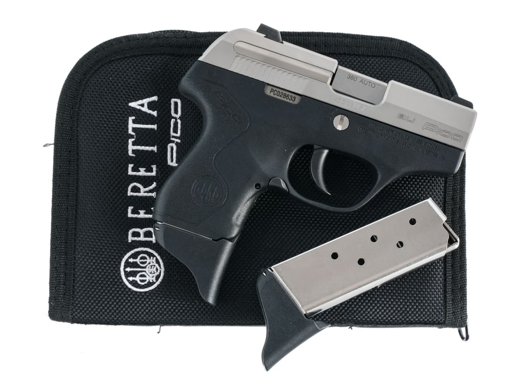 Beretta BU Pico .380 ACP Semi Auto Pistol: Beretta BU Pico chambered in .380 ACP with two, six round magazines and a 2.7" barrel. Textured polymer frame. Double action only trigger. Paddle magazine release. Stainless steel slide and barrel. Wh
