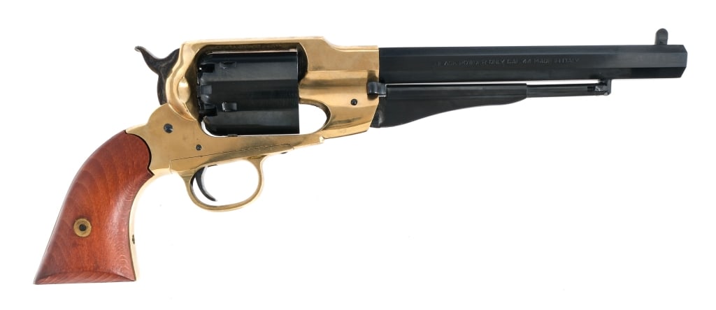 Italian .44 SA Black Powder Revolver: Italian made remake of a 1858 Remington by and unknown maker in .44 caliber with a six round capacity and a 8" octagon barrel. Wood grip plates. Brass trigger guard and frame. Case colored trigger and