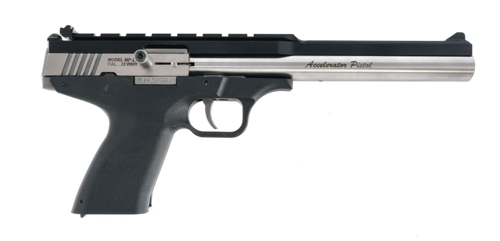 Excel Arms MP-22 Accelerator Pistol .22 Magnum: Excel Arms MP-22 Accelerator Pistol chambered in .22 Magnum with one, nine round removable magazines and a 8.5" bull barrel barrel. Black polymer frame with serrated heel magazine release. Blow back o