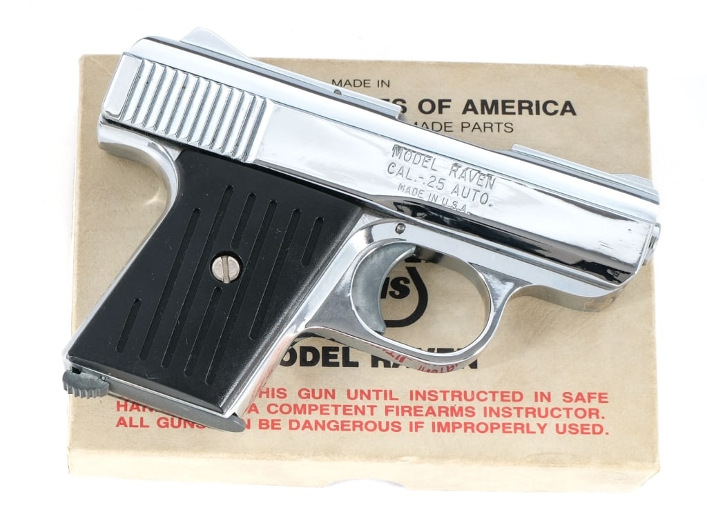 Phoenix Arms Raven .25 ACP Semi Auto Pistol: Phoenix Arms Raven-25 in .25 ACP with one, six round removable magazine and a 2.5" barrel. Serrated composite grip plates. Chrome finished frame and serrated slide. Left side of frame safety switch. F
