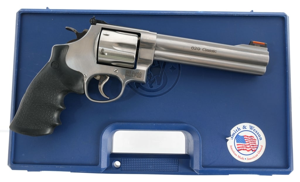 S&W 629-6 Classic .44 Magnum Revolver: Smith & Wesson 629-6 Classic chambered in .44 Remington Magnum with a six-shot cylinder and a 6.5" barrel. Stainless steel barrel, frame, and cylinder. Case colored trigger and hammer. Pebble textured