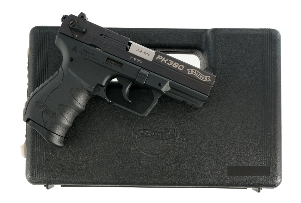 Walther PK380 .380 ACP Semi Auto Pistol: Walther PK380 in .380 ACP with one, eight round removable magazine and a 3.6" barrel. Composite frame with accessories rail. Blued serrated slide. Comes in factory box with matching serial number, man