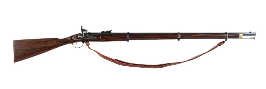 Armi Sport 1853 Enfield .58 Cal Percussion Rifle: Armi Sport 1853 Enfield chambered in .58 Caliber with a 38" barrel. Manufactured in Italy. Blued barrel and trigger. Adjustable rear ladder sight and fixed front blade. Case colored bands, lock, and h