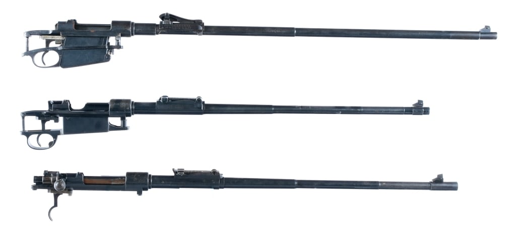 Estate Rifles 3 Pcs Lot Bolt Action Rifle: This lot is for three rifle receivers and barrels. DWM Argentina Mauser 1891 in 7.65x53mm with a 29" barrel missing its bolt. BNZ-Steyr-Daimler-Punch Model 98 in 7.62x51mm with a 24" barrel missing it
