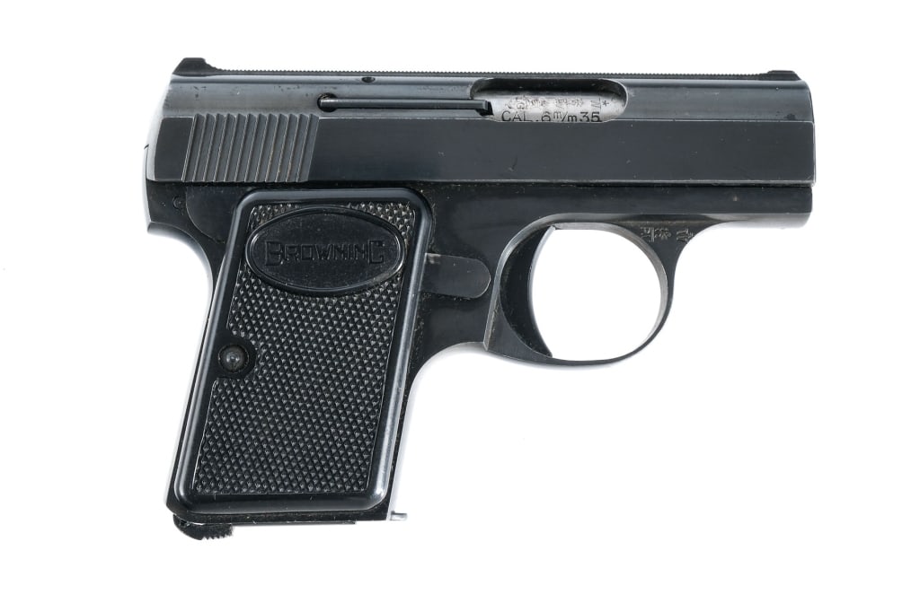 Browning Baby .25 ACP Semi Auto Pistol: Description Browning Baby chambered in .25 ACP with one, six round magazine and a 2.11" barrel. Manufactured in 1968 with serial number 440662. Blued steel frame with checkered polymer grips. Heel mag