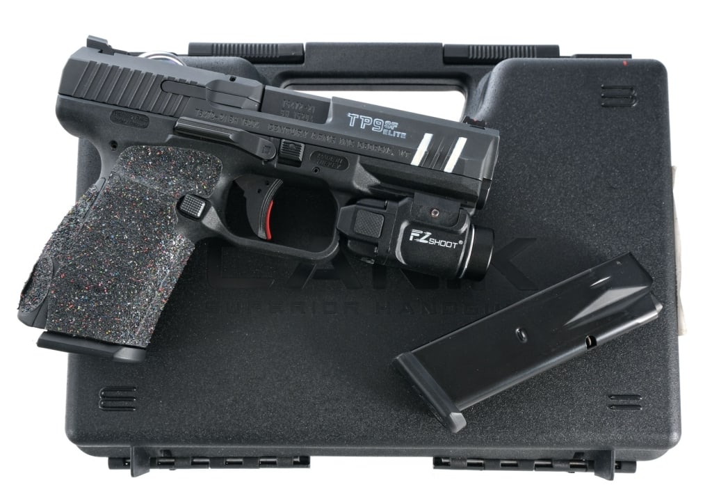 Canik TP9SF Elite 9mm Semi Auto Pistol: Description Canik TP9SF Elite chambered in 9mm with two, ten round magazines and a 4.19" barrel. Textured polymer frame with accessories rail and aftermarket grip tape. Striker fired trigger with shoe