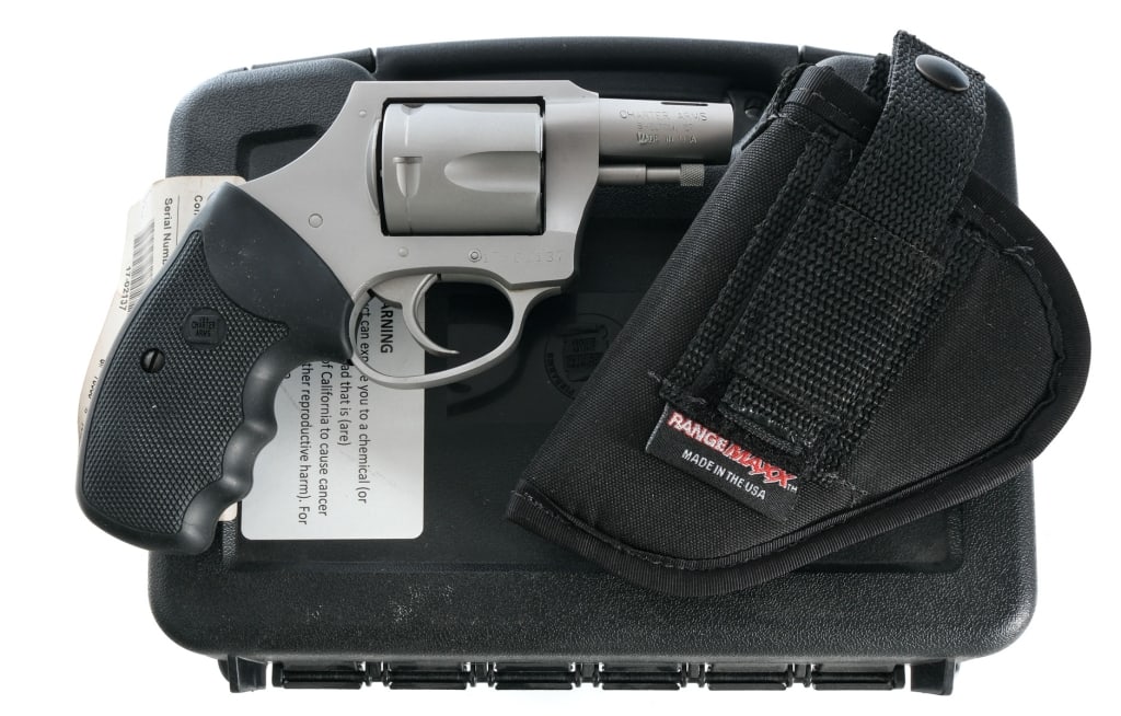 Charter Arms Boomer .44 Spl Revolver: Description Charter Arms Boomer in .44 Special with a five round capacity and a 2" ported barrel. Checkered rubber grip plates. Matte silver finished frame, cylinder and barrel. Left side of frame ser
