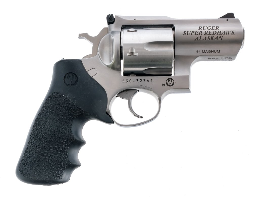 Ruger Super Redhawk Alaskan .44 Mag Revolver: Description Ruger Super Redhawk Alaskan chambered in .44 Remington Magnum with a six-shot cylinder and a 2.5" cold hammer forged barrel. Manufactured in Newport New Hampshire in 2014. Rugger/Hogue Tam