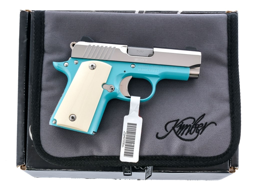 Kimber Micro 9 Bel Air 9mm Semi Auto Pistol: Description Kimber Special Edition Micro 9 Bel-Air with one, six round removable magazine and a 3.15" barrel. White G-10 Micarta grip plates. Matte teal finished alloy frame. Polished stainless steel
