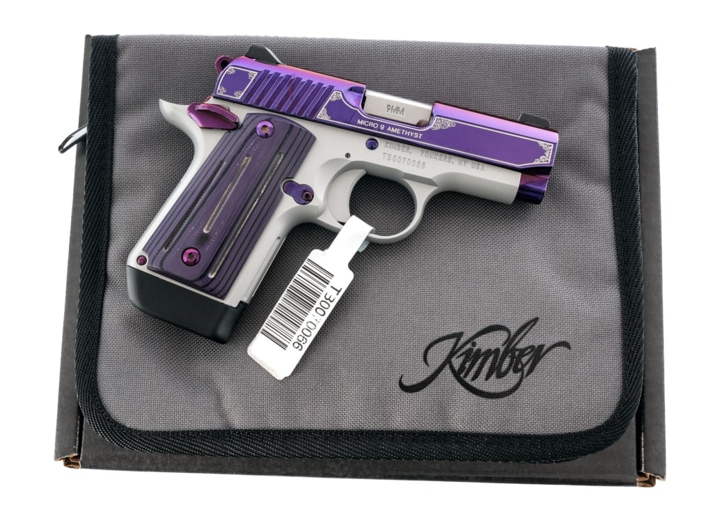 Kimber Special Edition Micro Amethyst 9mm Pistol: Description Kimber Special Edition Micro Amethyst in 9mm with one, seven round removable magazine and a 3.15" barrel. Serrated purple G-10 grip plates. KimPro II Silver finished alloy frame. Polished