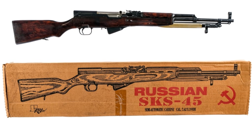 Russian Tula Arsenal SKS-45 7.62x39 Semi Rifle: Description Russian Tula Arsenal SKS-45 in 7.62x39mm with a ten round internal capacity and a 20.5" barrel. Imported by K.B.I. out of Harrisburg Pennsylvania. Metal butt plate with cleaning kit door-e