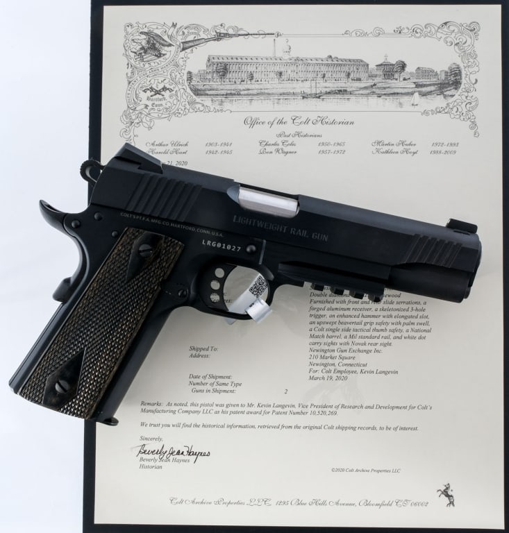 Employee Patent Colt Lightweight Rail Gun .45 ACP: Description Employee Owned 1 of 100 Colt Government Model Lightweight Rail Gun in .45 ACP with one, eight round removable magazine and a 5" National Match barrel. From the collection of Kevin