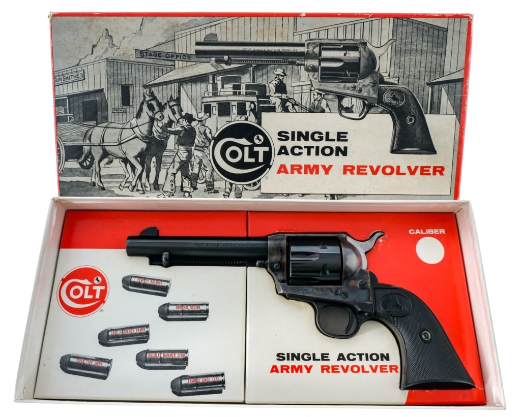Colt SAA .45 LC 1968 Revolver: Description Colt Single Action Army 2nd Generation in .45 Long Colt with a six round capacity and a 5.5" barrel. Made in Hartford Connecticut in 1968. Checkered Colt black composite grip plates with