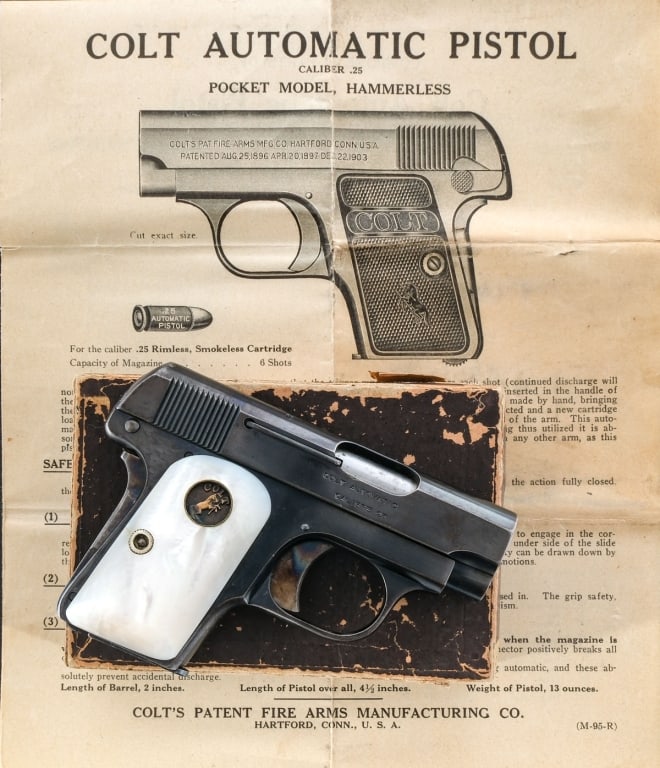 Colt Vest Pocket .25 ACP Semi Auto Pistol: Description Colt 1908 Vest Pocket chambered in .25 ACP with one, six round magazine and a 2" barrel. Manufactured in Hartford Connecticut in 1918. Mother of Pearl grip plates with Rampant Colt