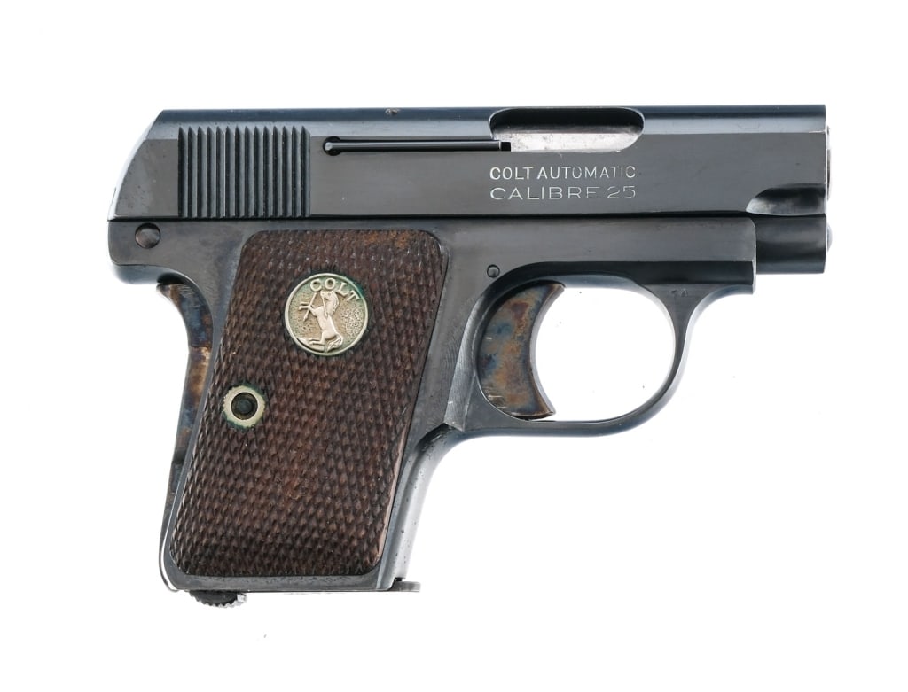 Colt 1908 Vest Pocket .25 ACP Semi Auto Pistol: Description Colt Model 1908 Vest Pocket in .25 ACP with one, six round removable magazine and a 2" barrel. Made in Hartford Connecticut in 1925. Checkered factory walnut grip plates. Carbona blue