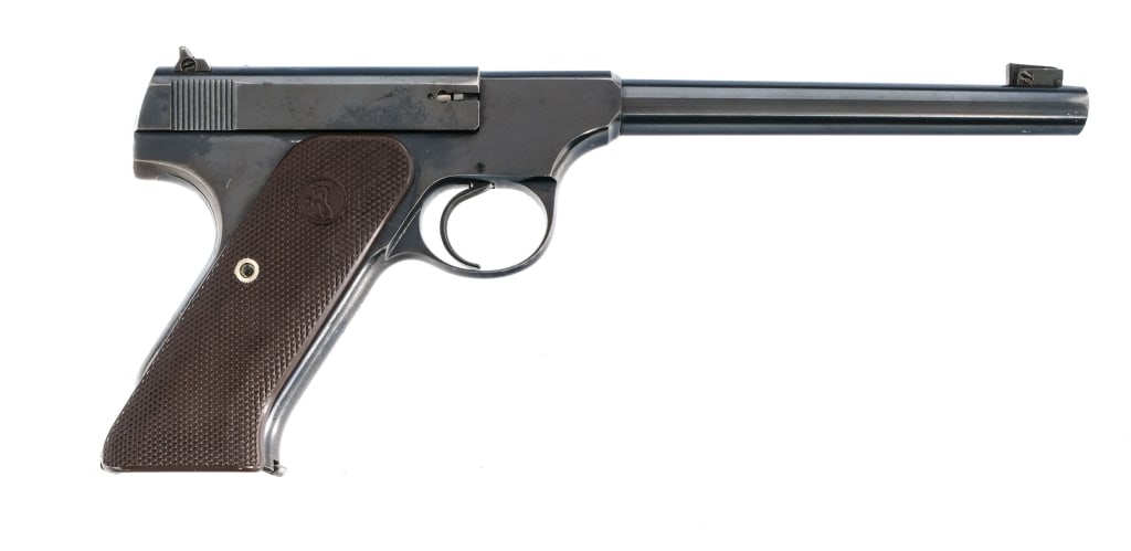 Colt Woodsman .22 LR Semi Auto Pistol: Description Colt Woodsman chambered in .22 long rifle with one, ten round removable magazine and a 4.5" barrel. Made in Hartford Connecticut in 1941. Checkered composite grip plates. Blued serrated