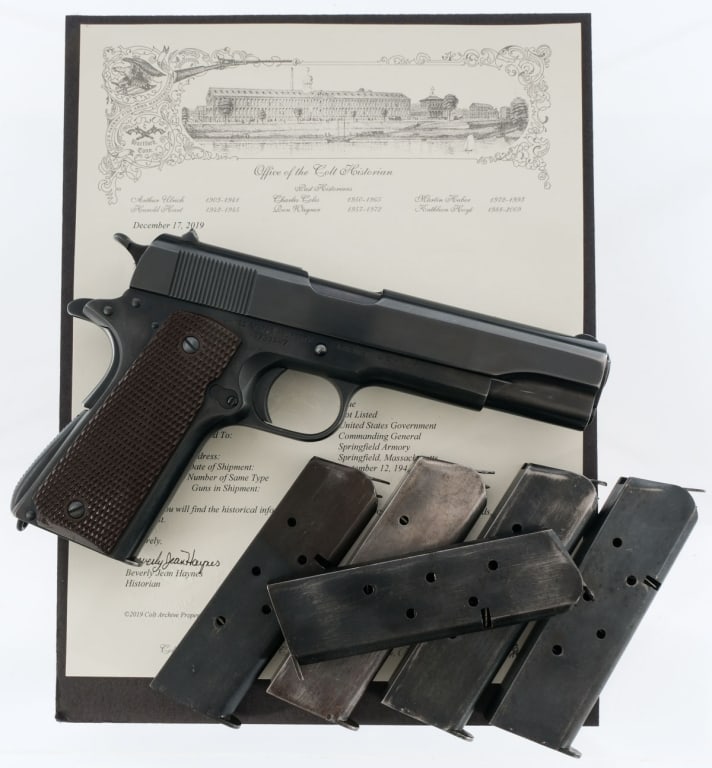 Colt 1911A1 U.S. Army .45 ACP 1941 Semi Pistol: Description U.S. Army Colt 1911 A1 chambered in .45 ACP with six, seven round blued magazines and a 5" Colt G marked barrel. Made in Hartford Connecticut in 1941 with serial number 739247. Checkered