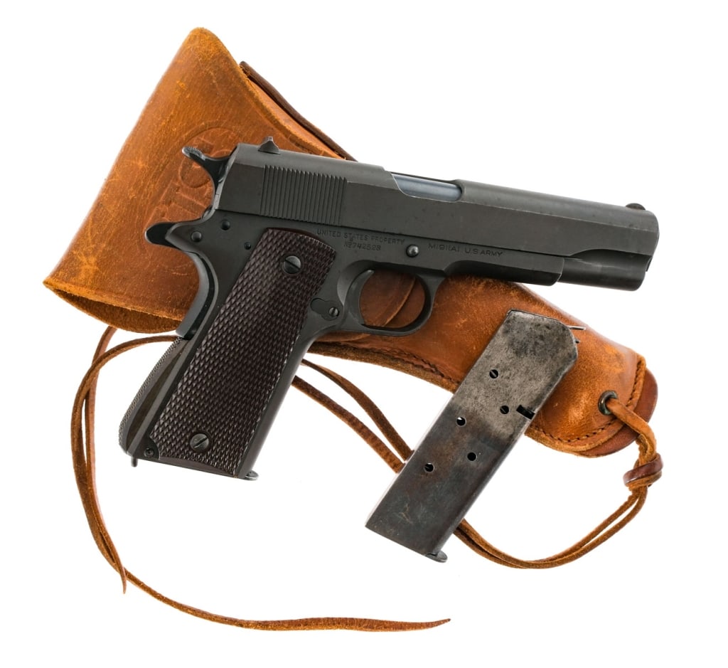 Colt 1911A1 U.S. Army .45 ACP 1941 Semi Pistol: Description Colt 1911 A1 U.S. Army in .45 ACP with two, seven round removable magazines and a 5" blued Colt G marked barrel. Made in Hartford Connecticut in 1941 with serial number 742528. Checkered