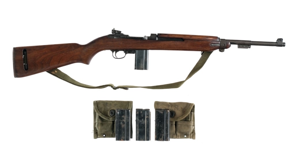 IBM M1 Carbine .30 M1 Semi Auto Rifle: Description IBM Corp. U.S. M1 Carbine in .30M1 with four, fifteen round removable magazines and a 18" barrel. This example dates to 1944. Barrel marked "IBM CORP. 7-44" with type 3 barrel band, late w