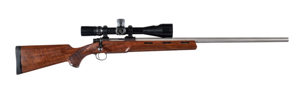 Cooper Firearms Model 54 .22-250 Bolt Action Rifle: Description Cooper Firearms of Montana Inc Model 54 in .22-250 with a single round capacity and a 26" bull barrel. Rubber butt pad. Checkered pistol grip wood stock with slotted front forend. Blued tr