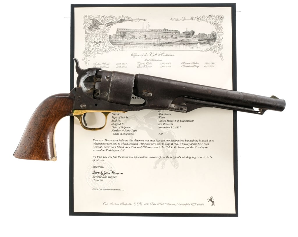 Colt 1860 Army .44 BP Named Revolver: Description Colt 1860 Army in .44 caliber with a six round capacity and a 8" barrel. Smooth wood grip plates. Made in 1861. Backstrap engraved: Thom C. Brainard U.S.A. Comes with Colt historian letter