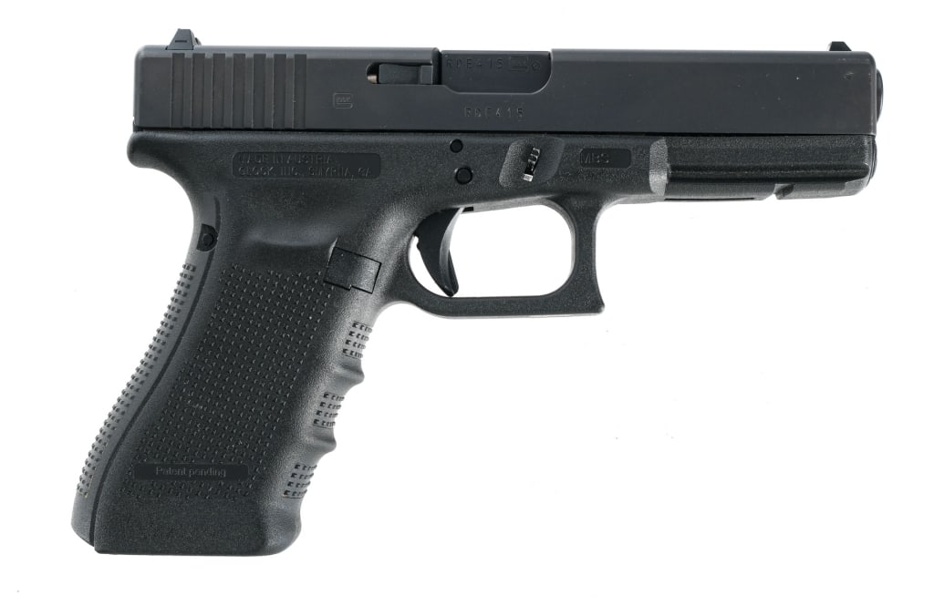 Glock 22 Gen 4 .40 S&W Semi Auto Pistol: Description Fourth Generation Glock 22 chambered in .40 Smith & Wesson with a 4.49" barrel. Textured polymer MBS frame with accessories rail. Striker fired trigger with shoe safety. Black finished ser