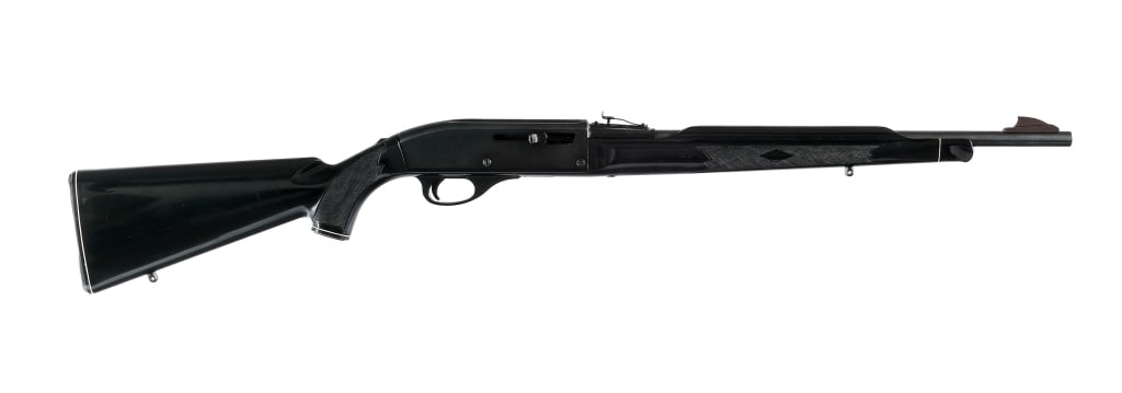 Remington Nylon 66 .22 LR Semi Auto Rifle: Description Remington Nylon 66 chambered in .22 long rifle with a fourteen round tube magazine and a 19.5" barrel. Adjustable rear sight and fixed front blade. Tang mounted safety. Blued barrel and re