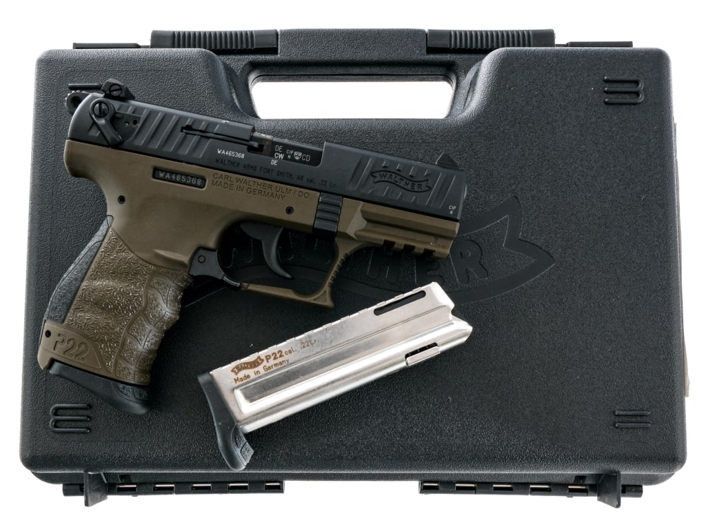 Walther P22 Q Military .22 LR Semi Auto Pistol: Description Walther P22 Q Military chambered in .22 long rifle with two, ten round magazines and a 3.42" barrel. OD Green textured polymer frame with picatinny accessories rail. Interchangeable backst