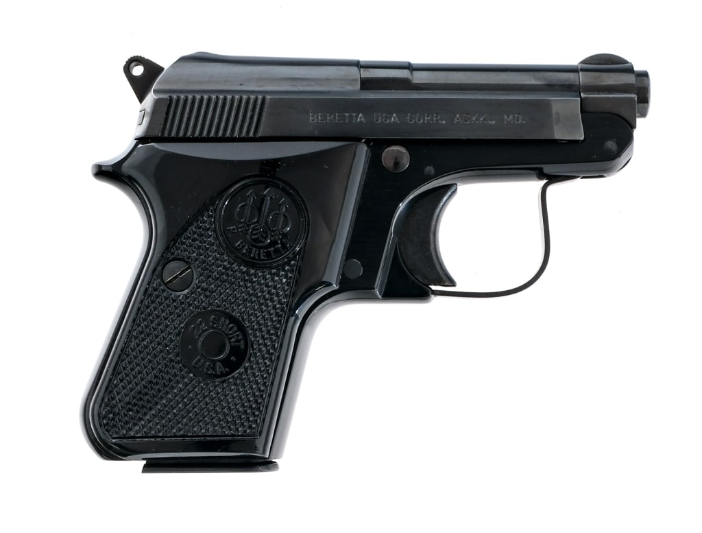 Beretta 950 BS Minx .22 Short Semi Auto Pistol: Description Beretta Model 950-BS Minx in .22 Short with one, six round removable magazine and a 2.5" barrel. Checkered black composite grip plates. Black finished alloy frame. Blued solid trigger, ham