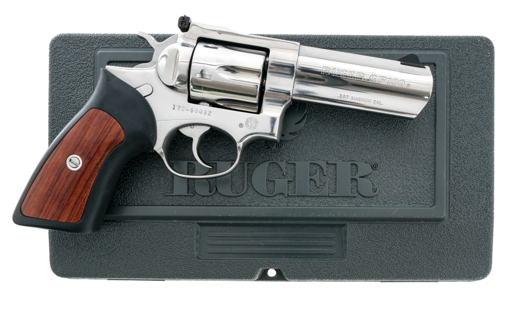 Ruger GP100 .357 Mag Revolver: Description Ruger GP100 in .357 Magnum with a six round capacity and a 4" barrel. Made in Southport Connecticut in 1996. Polished stainless steel barrel, frame, fluted cylinder, cylinder release, doub