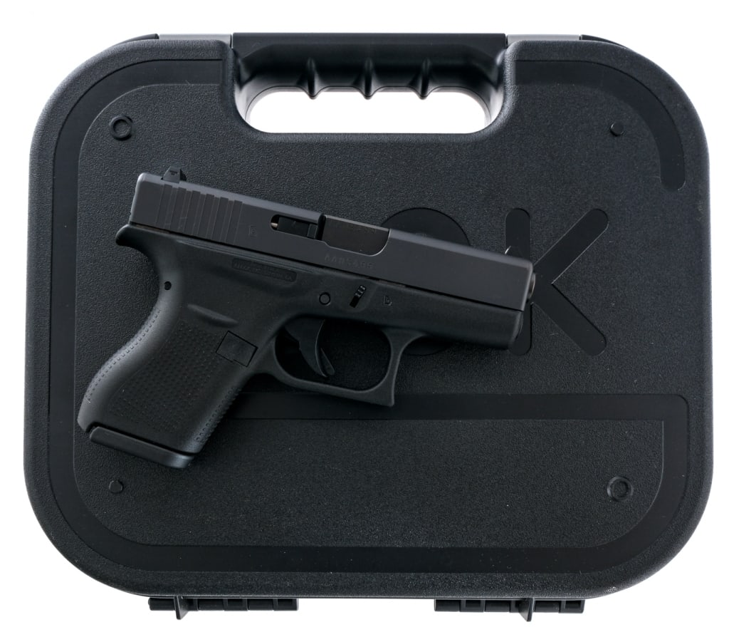 Glock 42 .380 ACP Semi Auto Pistol: Description Glock 42 chambered in .380 ACP with one, six round magazine and a 3.25" barrel. Textured sub compact polymer frame with built in beavertail, polymer trigger with trigger safety, serrated m