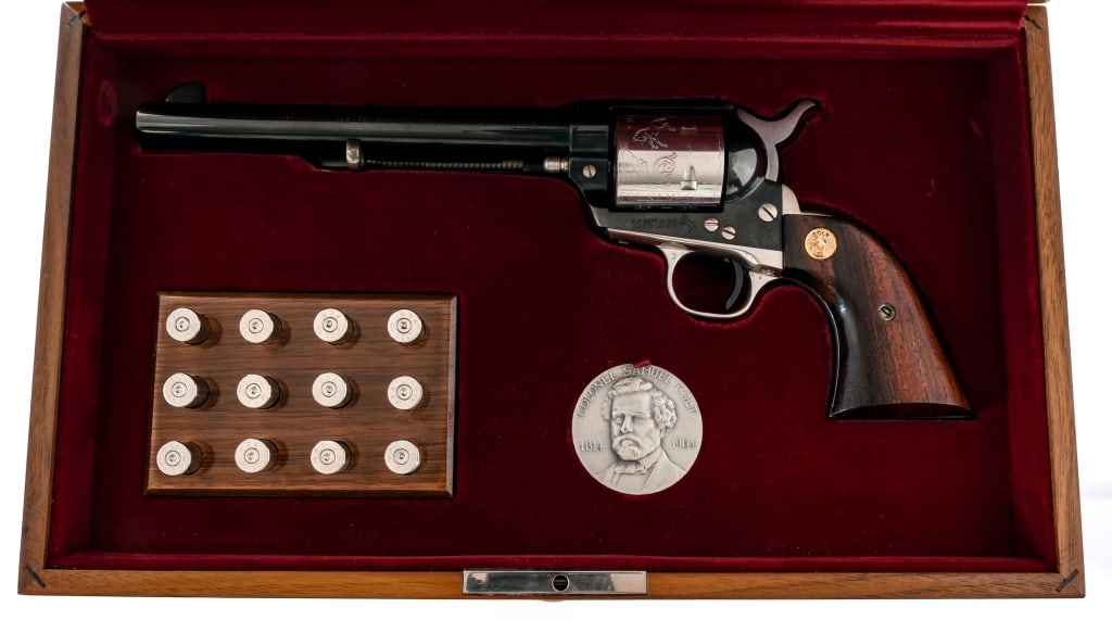 Colt Sam Colt Sesquicentennial .45 Colt Revolver: Description Colt Single Action Army Sam Colt Sesquicentennial in .45 Long Colt with a six round capacity and a 7.5" barrel. This revolver was made to commemorate the sesquicentennial of the birth of S