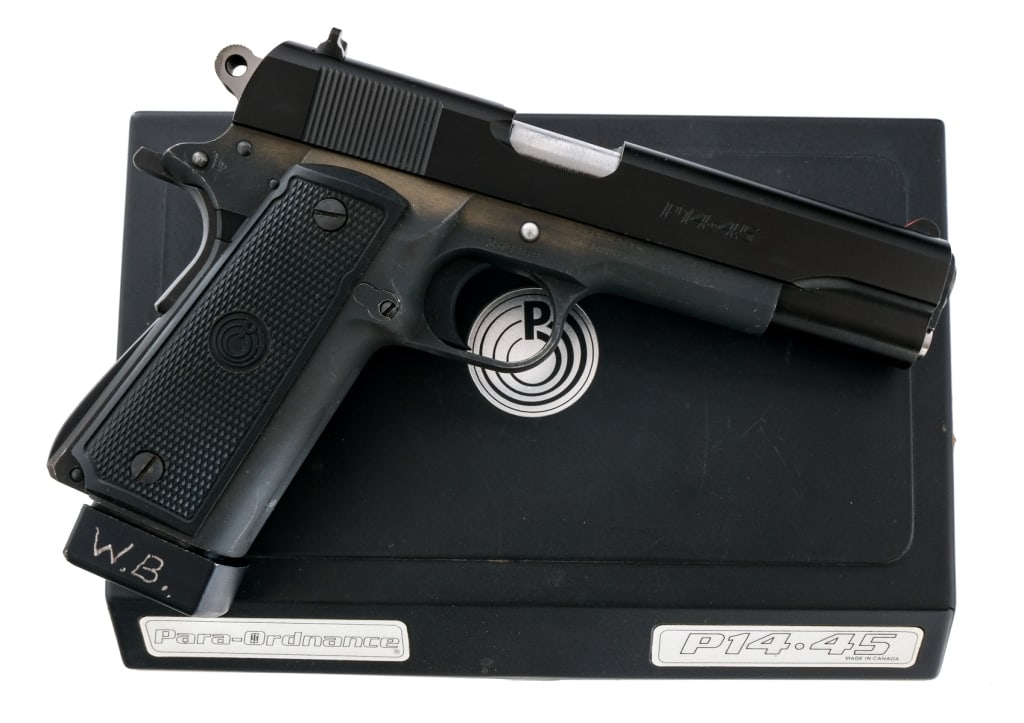Para-Ordnance P14-45 .45 ACP Double Stack 1911: Description Para-Ordnance P14-45 chambered in .45 APC with one, fourteen round magazine and a 5" barrel. Matte finished alloy double stack frame with checkered polymer grips. Enlarged magazine release