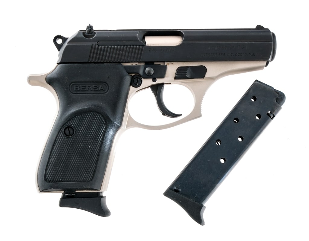Bersa Thunder 380 .380 ACP Semi Auto Pistol: Description Bersa Thunder 380 chambered in .380 ACP with two, eight round magazines and a 3.5" barrel. Manufactured in Argentina and imported by RSA, marked on the slide and frame. Stainless alloy fra