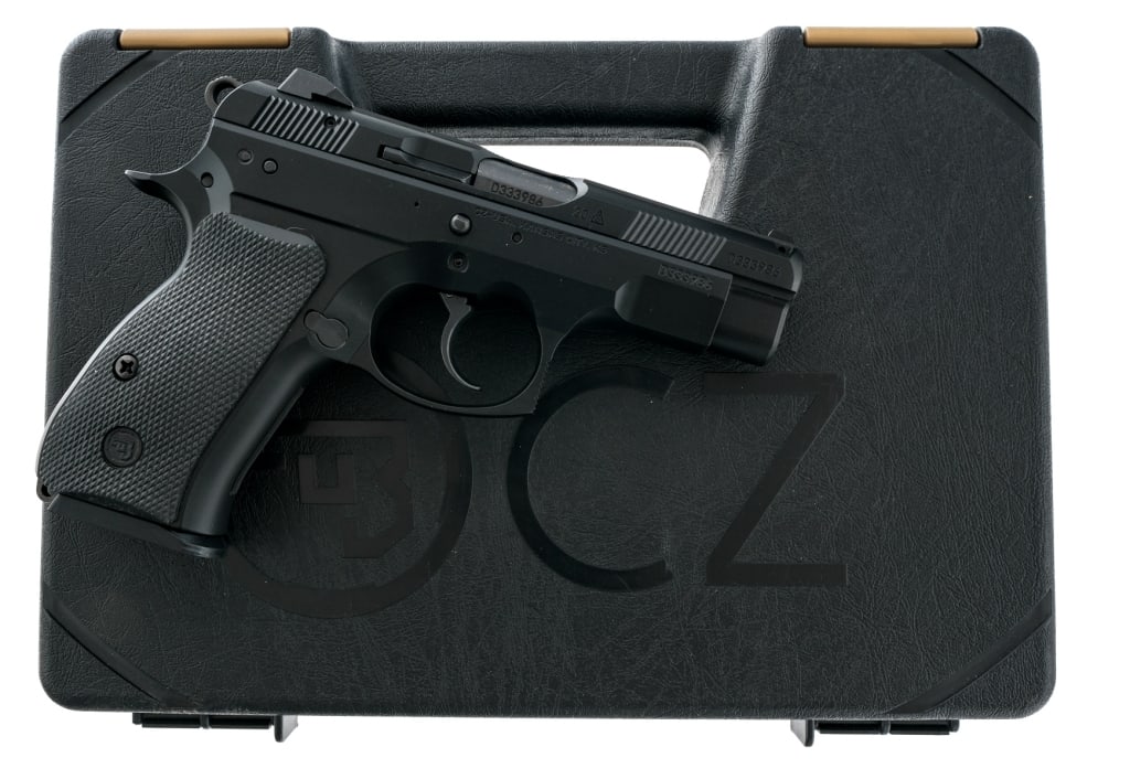 CZ 75 D Compact 9mm Semi Auto Pistol: Description CZ 75D Compact chambered in 9mm with one, ten round magazine and a 3.75" cold hammer forged barrel. Black finished aluminum frame with checkered rubber CZ grips. Double/single action trigg