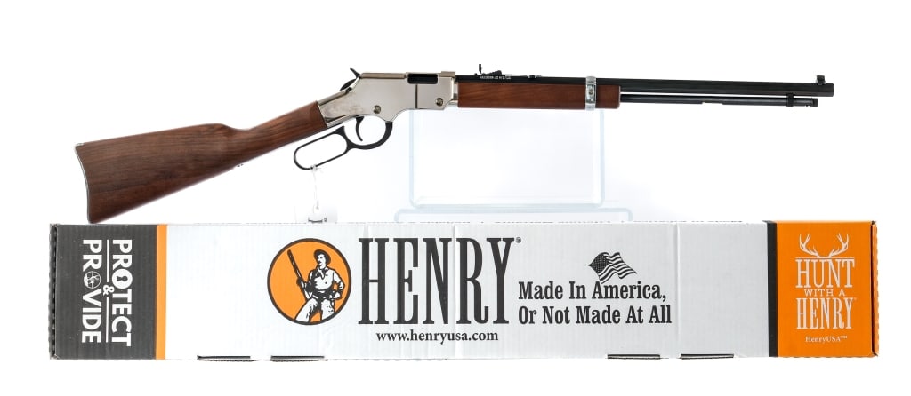 Henry H004S Golden Boy Silver .22 Cal Rifle: Description Henry H004S Golden Boy Silver chambered in .22 Short, Long and Long Rifle with a varied capacity tube magazine and a 20" octagonal barrel. Blued barrel, magazine tube, hammer, lever and tr