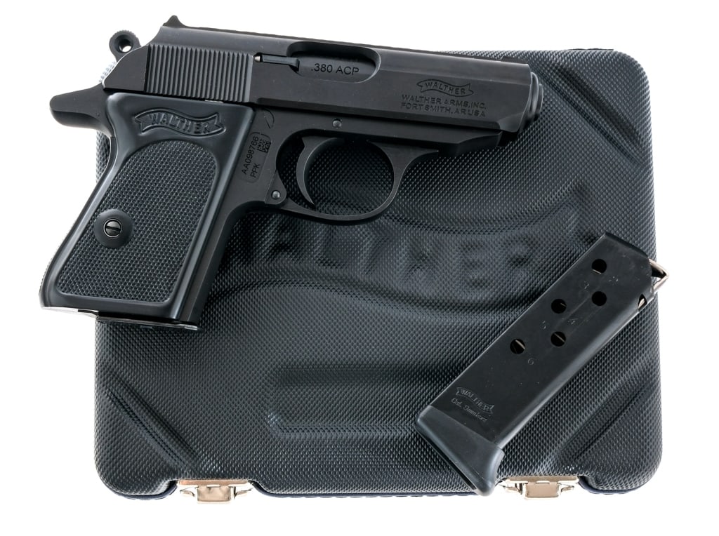 Walther PPK .380 ACP Semi Auto Pistol: Description Walther PPK chambered in .380 ACP with two, six round magazines and a 3 1/4" barrel. Blued steel frame with checkered polymer grips. Push button magazine release. Double/single action trig
