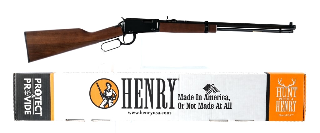 Henry H001TM Frontier .22 Mag Lever Action Rifle: Description Henry H001TM Frontier chambered in .22 Magnum with a ten round tube magazine and a 20" octagonal barrel. Blued barrel, magazine tube, hammer, lever and trigger. Adjustable rear buckhorn si