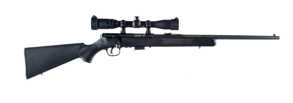 Savage 93 .22 WMR Bolt Action Rifle: Description Savage Model 93 in.22 Winchester Magnum Rimfire which is .22 Magnum with one, five round removable magazine and a 21" barrel. Checkered composite pistol grip stock and front foregrip. Blue