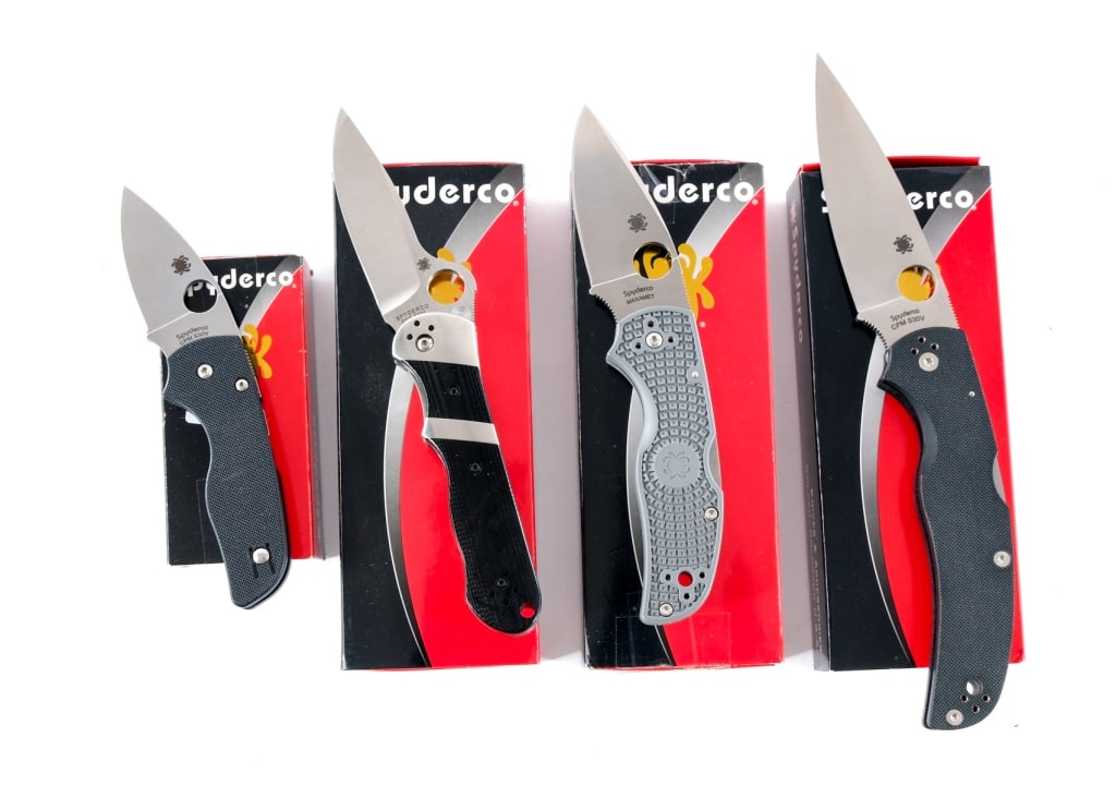 Spyderco Folding Knife Lot Four Knives: Description This lot is for four Spyderco folding knives. First is a Lil' Native C230GP compression lock. 2.47" Blade length and 5.94" OAL. CPM-S30V stainless steel blade. Black G-10 handle. Made in t