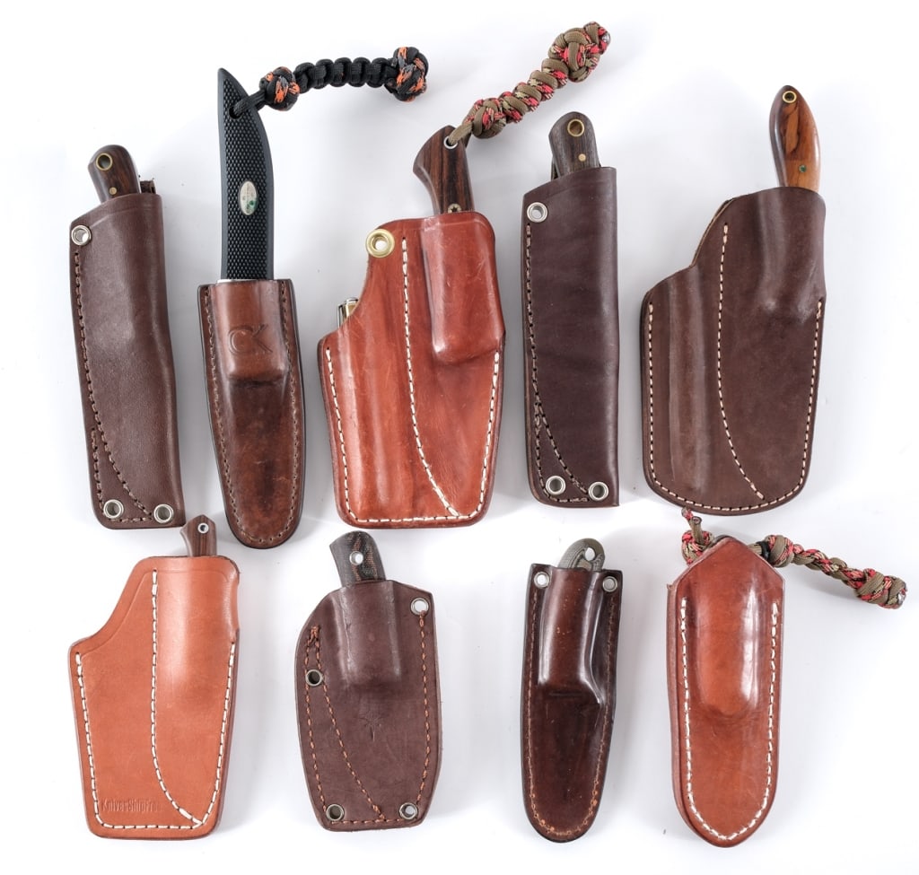 Fixed Blade Knives 9 Pcs Lot Knife: Description This lot is for nine fixed blade knives in leather sheaths from various makers. Includes three knives from LT Wright two with 3" blades and wooden grip plates. The other with a 3.5" blade 