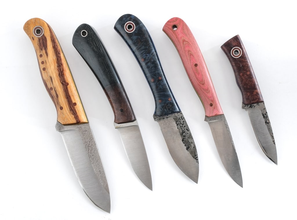 Fiddleback Forge By Andy Roy / JBK 5 Pcs Knife: Description This lot is for five handmade artisan fixed blade knives by Fiddleback Forge/Andy Roy and JB Knifework's. Ergonomic design with composite and natural wood grip plates. Fiddleback made wood