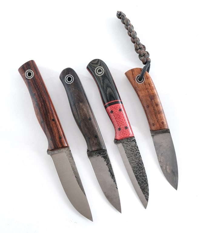 Fiddleback Forge By Andy Roy 4 Pcs Knife: Description This lot is for four handmade artisan fixed blade knives by Fiddleback Forge/Andy Roy. Ergonomic design with composite and natural wood grip plates. Red Composite has a 3.5" blade, dark wo