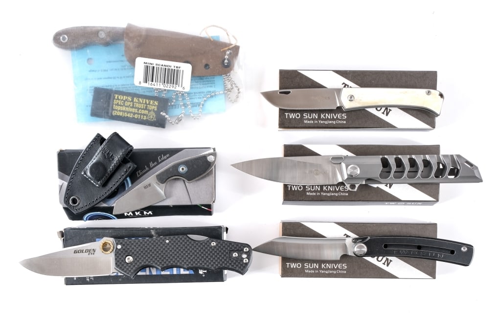 Assorted Knife Lot Fixed/Folding Six Knives: Description This lot is for six assorted knives. First is a Tops Knives Mini Scandi TBF fixed blade. 3.00" Blade length and 6.13" OAL. 1095 RC 56-58 Steel blade. Green canvas micarta handle. Sealed wi