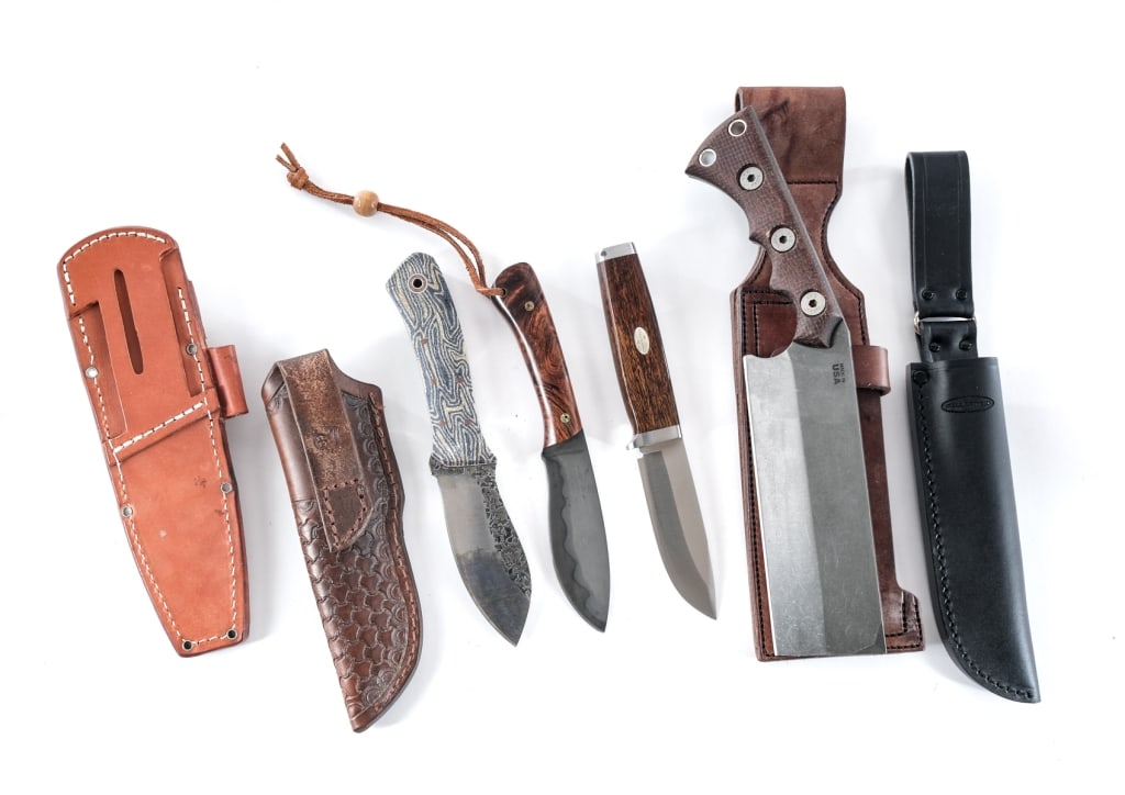 Fixed Blade Knives 4 Pcs Lot Knife: Description This lot is for four fixed blade knives with sheaths from assorted makers. Backwoods Knives with wood grip plates and leather lanyard. Blade length is 4". Comes with leather belt sheath ma
