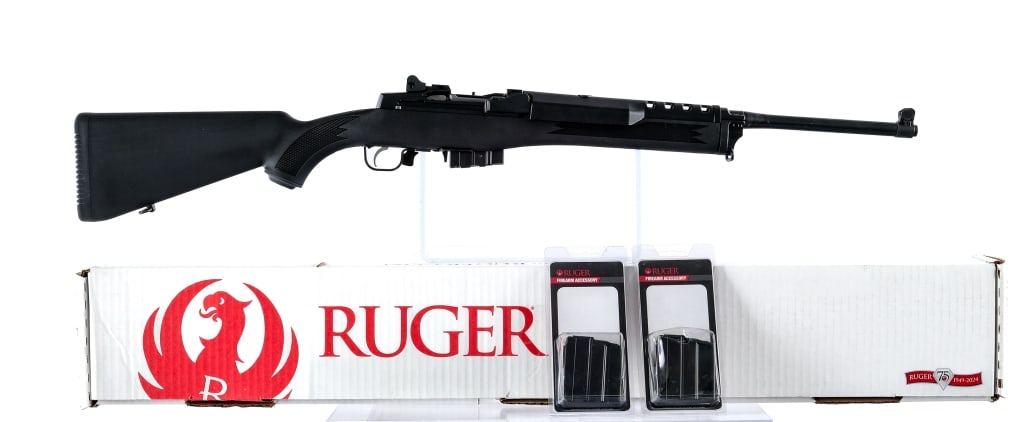 Ruger Mini 14 5.56 NATO Semi Auto Rifle: Description Ruger Mini 14 chambered in 5.56x45mm NATO with two, ten round magazines and a 18.5" barrel. Manufactured in 2024 with serial number 585-17204. Adjustable rear peep sight and fixed front bl