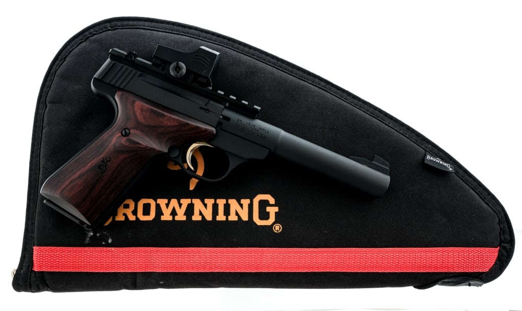 Browning Buck Mark .22 LR Semi Auto Pistol: Description Browning Buck Mark in .22 long rifle with one, ten round removable magazines and a 5.5" round Bull barrel. Rubber Ultragrip RX grips. Matte blued frame, serrated slide and barrel. Push